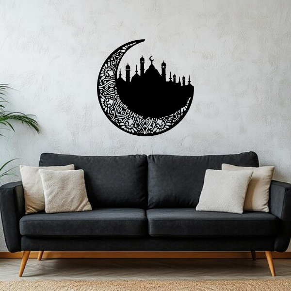 Noor-e-Ramadan | Islamic Wall Art | Crescent Moon & Calligraphy Wooden Frame