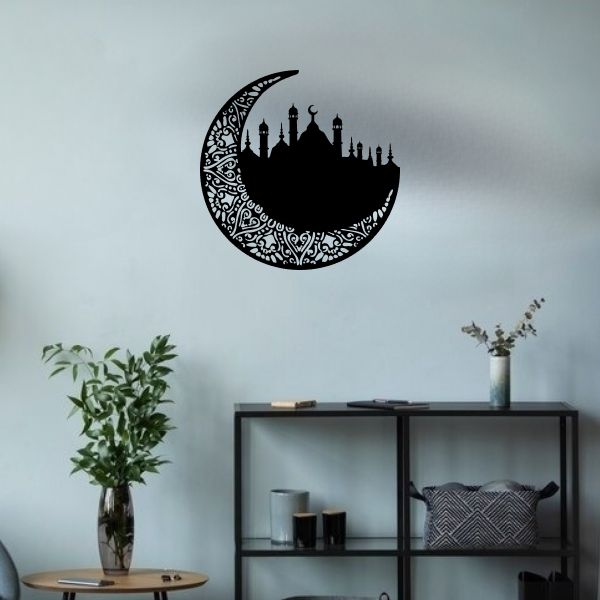Noor-e-Ramadan | Islamic Wall Art | Crescent Moon & Calligraphy Wooden Frame
