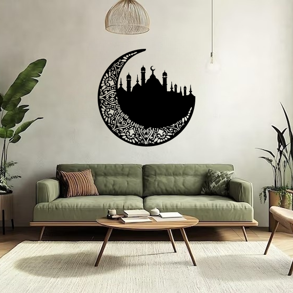 Noor-e-Ramadan | Islamic Wall Art | Crescent Moon & Calligraphy Wooden Frame