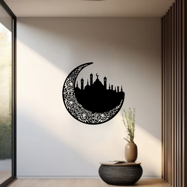 Noor-e-Ramadan | Islamic Wall Art | Crescent Moon & Calligraphy Wooden Frame
